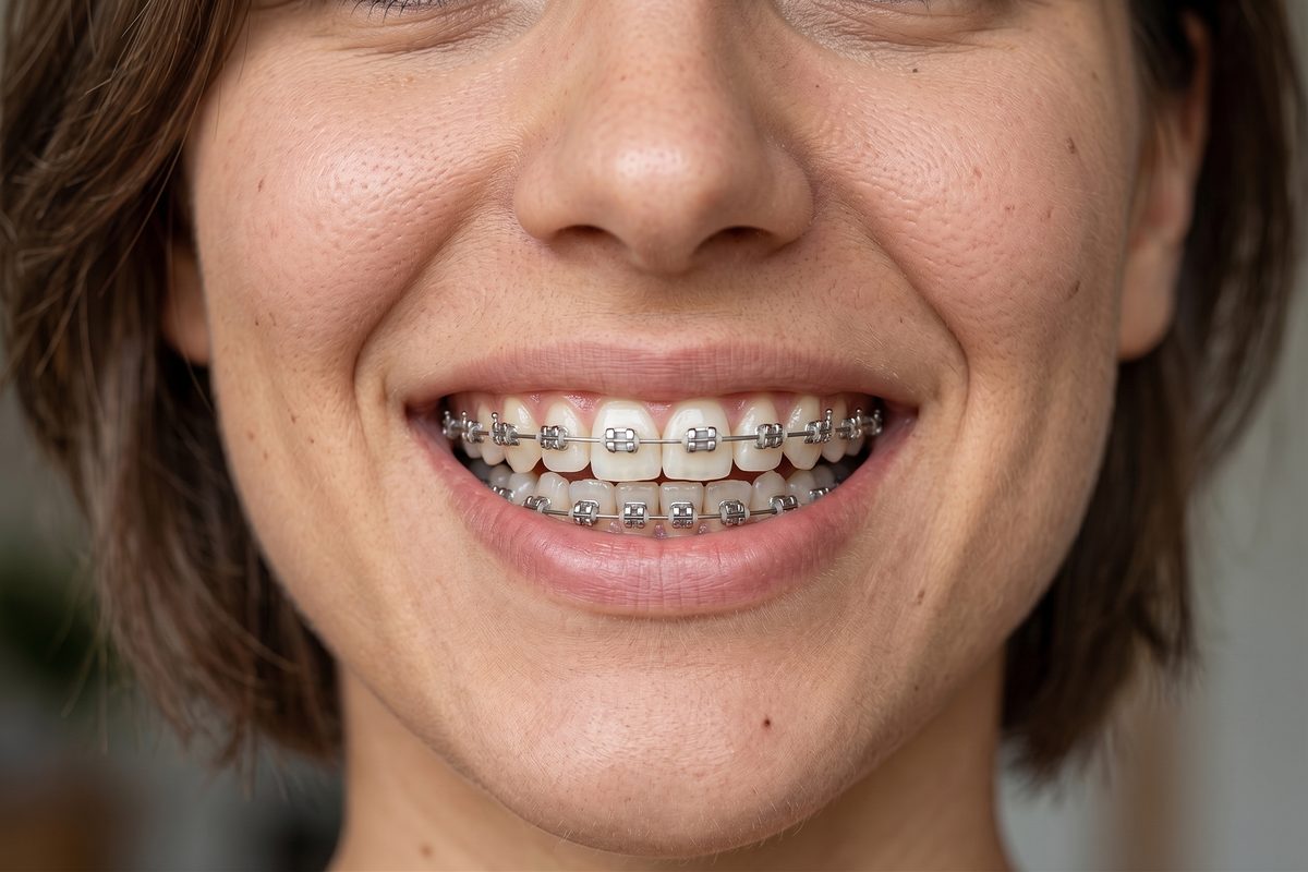 Close-up of a smile wearing traditional metal braces